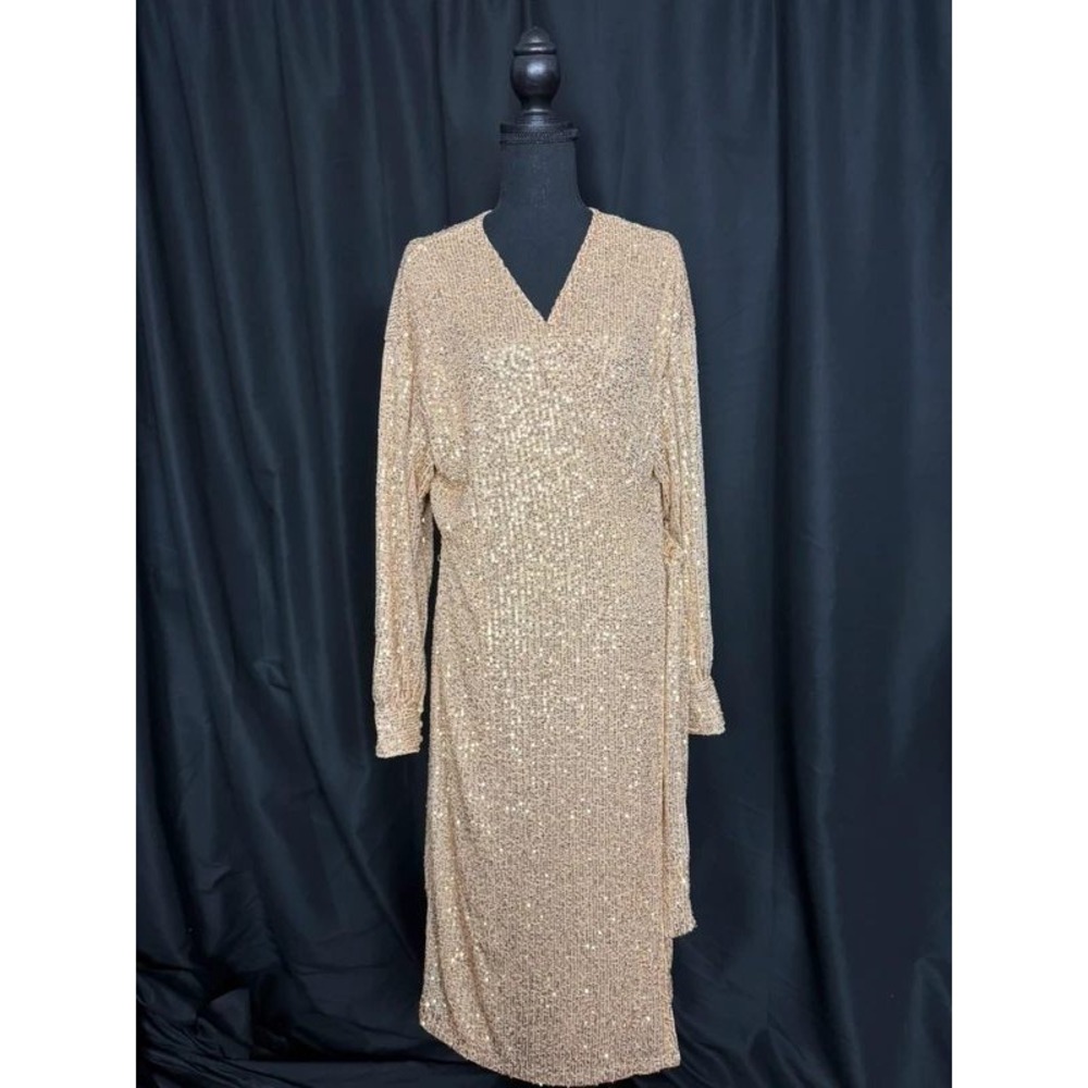 Boohoo Maternity Gold Sequin Wrap Midi Dress UK 14 US 10 NWT Party